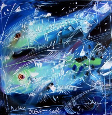Pittura intitolato "pesci azzurri" da Olga Polichtchouk, Opera d'arte originale, Olio