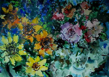 Pintura intitulada "molti molti fiori" por Olga Polichtchouk, Obras de arte originais, Aquarela