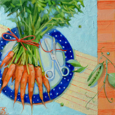 Still life with carrots and peas Картина под названием "Still life with car…" - Alexandra Sergeeva, Подлинное произведение искусства, Масло
