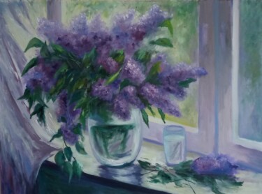 Painting titled "Lilac bouquet on th…" by Olga Semenova, Original Artwork, Oil