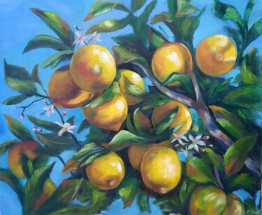 Malerei mit dem Titel "Ein Zweig Zitronen" von Olga Semenova, Original-Kunstwerk, Öl