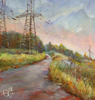 Рисунок под названием "Meadow landscape wi…" - Olga Tarakanova, Подлинное произведение искусства, Пастель Установлен на карт…