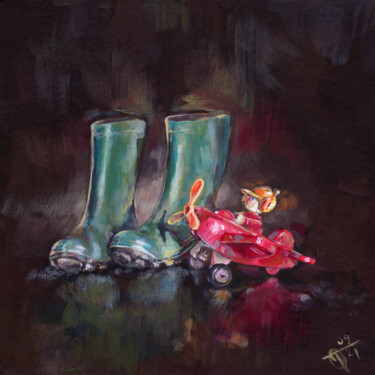 Still life with children's boots and a toy Pittura intitolato "Still life with chi…" da Olga Tarakanova, Opera d'arte originale, Acrilico