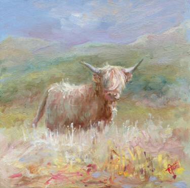 Painting titled "Cow" by Olga Tarakanova, Original Artwork, Oil Mounted on Cardboard