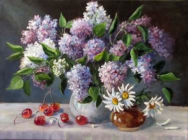 Painting titled "Сирень и черешня" by Olga Vorobyeva, Original Artwork, Oil