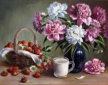 Painting titled "Клубничный десерт" by Olga Vorobyeva, Original Artwork, Oil