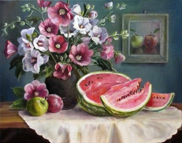 Peinture intitulée "Мальва и арбуз" par Olga Vorobyeva, Œuvre d'art originale, Huile