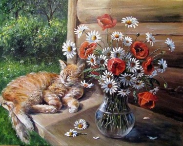 Peinture intitulée "Дачная жизнь кота В…" par Olga Vorobyeva, Œuvre d'art originale, Huile