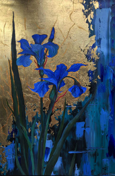 Painting titled "Iris" by Olha Bozhko, Original Artwork, Oil Mounted on Wood Stretcher frame