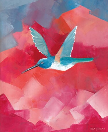 Картина под названием "Bird in colorful ga…" - Olha Gitman, Подлинное произведение искусства, Масло