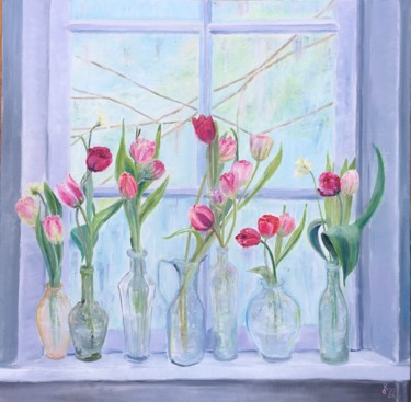 Schilderij getiteld "Window to Spring, S…" door Olha Kizub, Origineel Kunstwerk, Olie
