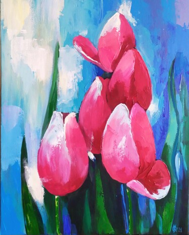 Painting titled "Pink tulips" by Olha Komisaryk (OK), Original Artwork, Acrylic