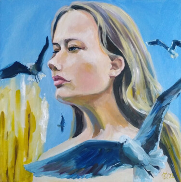 Pittura intitolato "Lady seagulls" da Olha Komisaryk (OK), Opera d'arte originale, Olio