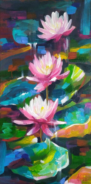 Painting titled "Water lilies on the…" by Olha Komisaryk (OK), Original Artwork, Acrylic
