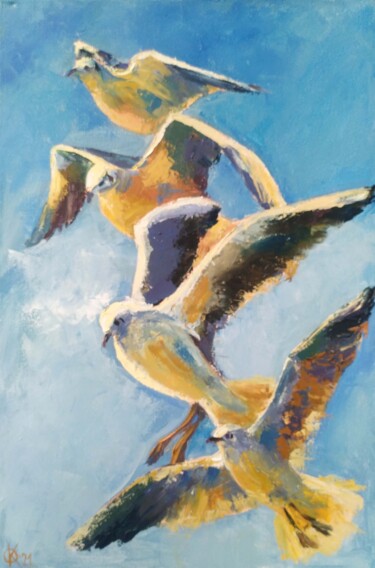 Pintura intitulada "Flying seagulls in…" por Olha Komisaryk (OK), Obras de arte originais, Óleo