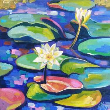 Painting titled "Water lily on pond" by Olha Komisaryk (OK), Original Artwork, Oil