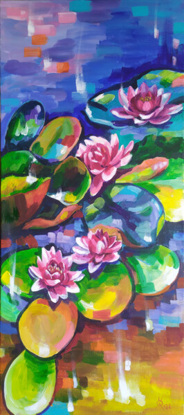 「Pink flash lotuses」というタイトルの絵画 Olha Komisaryk (OK)によって, オリジナルのアートワーク, アクリル