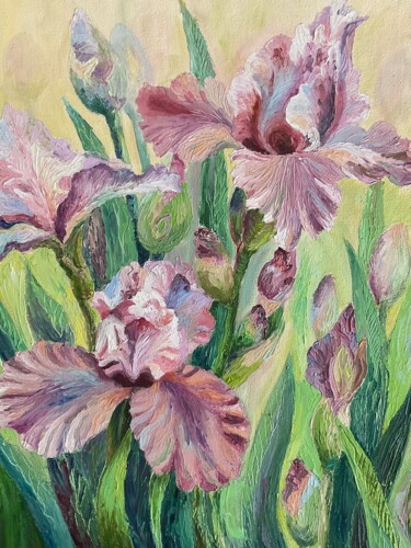 Peinture intitulée "Pink irises" par Olha Korniienko, Œuvre d'art originale, Huile Monté sur Châssis en bois