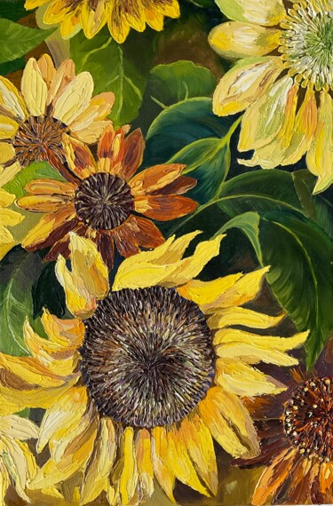 Painting titled "Lovely Sunflowers" by Olha Korniienko, Original Artwork, Oil Mounted on Wood Stretcher frame