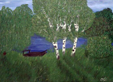 Painting titled "Birch Grove" by Olha Prykhodko, Original Artwork, Acrylic Mounted on Wood Stretcher frame