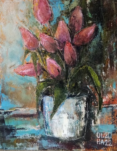 Painting titled "Весна и тюльпаны" by Olha Prykhodko, Original Artwork, Oil Mounted on Wood Stretcher frame