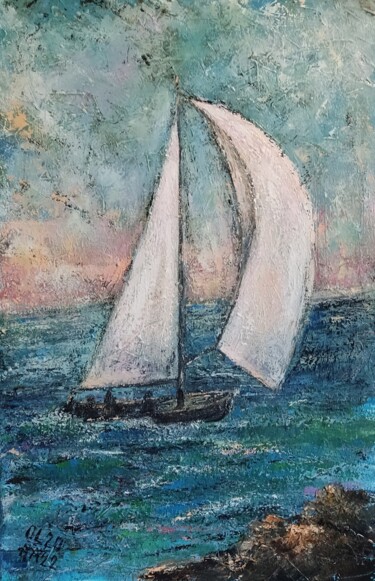 Картина под названием "Парус та море" - Olha Prykhodko, Подлинное произведение искусства, Масло Установлен на Деревянная рам…