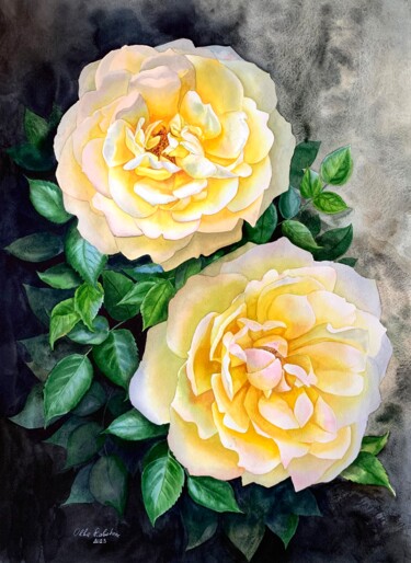 Painting titled "Two yellow roses" by Olha Riabokon, Original Artwork, Watercolor
