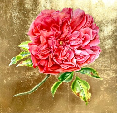Painting titled "Rose on gold" by Olha Riabokon, Original Artwork, Watercolor