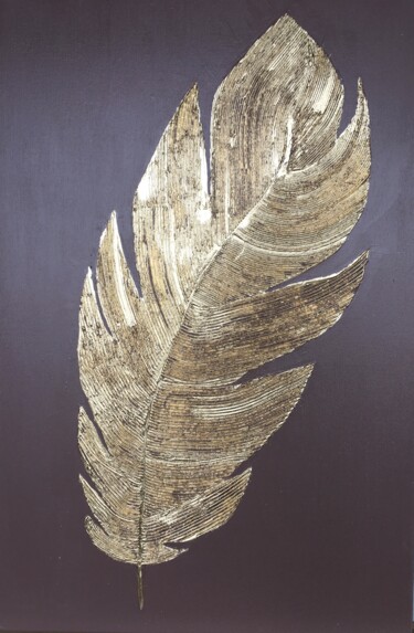Painting titled "Golden feather" by Olha Shapovalova, Original Artwork, Acrylic Mounted on Wood Stretcher frame