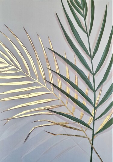 Painting titled "Golden palm" by Olha Shapovalova, Original Artwork, Acrylic Mounted on Wood Stretcher frame