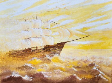 Painting titled "Shipp in a Sand tim…" by Olha Voron, Original Artwork, Oil Mounted on Wood Stretcher frame