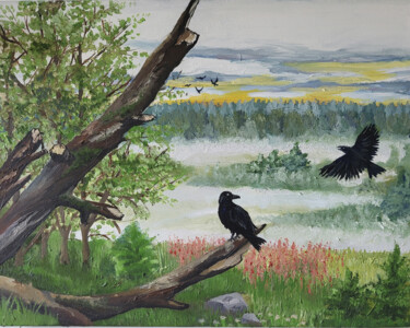 Painting titled "Painting Crows are…" by Olha Voron, Original Artwork, Oil