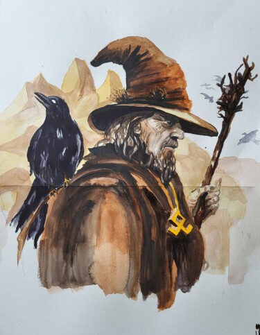 Ζωγραφική με τίτλο "Odin God" από Olha Voron, Αυθεντικά έργα τέχνης, Ακουαρέλα