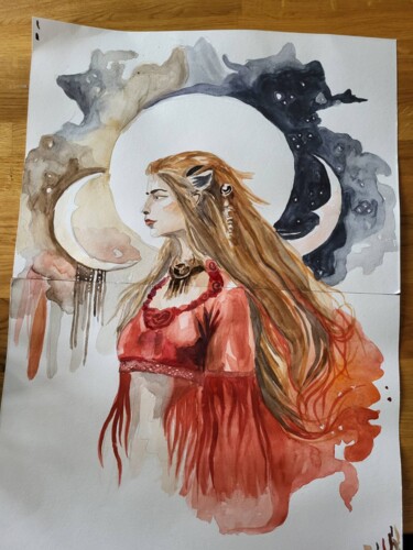 Painting titled "Priestess Moon" by Olha Voron, Original Artwork, Watercolor