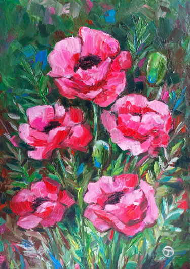 Painting titled "Pink poppies" by Olia Tomkova, Original Artwork, Oil