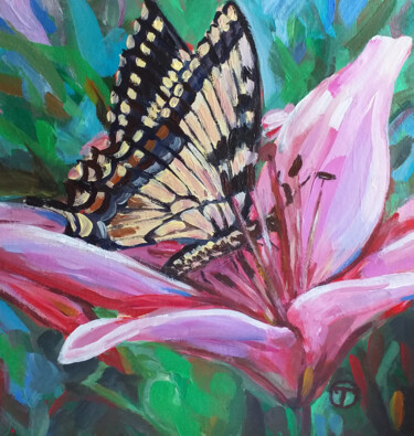 Painting titled "Butterfly on lily" by Olia Tomkova, Original Artwork, Acrylic