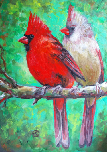 Malerei mit dem Titel "Red cardinal" von Olia Tomkova, Original-Kunstwerk, Acryl