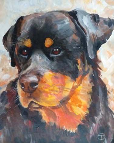 Painting titled "Rottweiler" by Olia Tomkova, Original Artwork, Acrylic