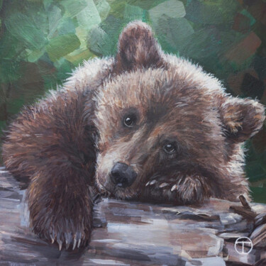 Painting titled "Grizzly cub" by Olia Tomkova, Original Artwork, Acrylic
