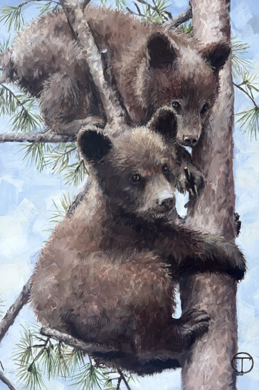 Schilderij getiteld "Grizzly cubs" door Olia Tomkova, Origineel Kunstwerk, Acryl