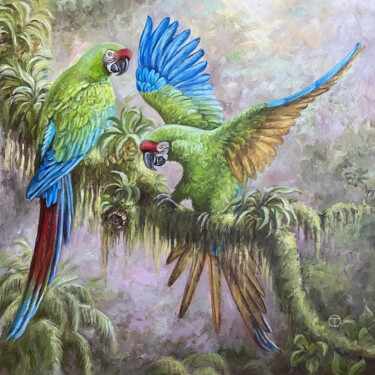 Картина под названием "Parrots (Commission)" - Olia Tomkova, Подлинное произведение искусства, Акрил