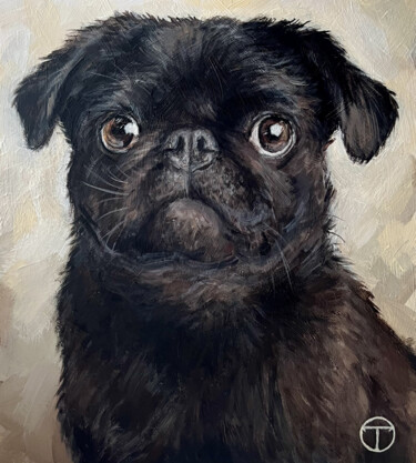 Painting titled "Black Pug" by Olia Tomkova, Original Artwork, Acrylic
