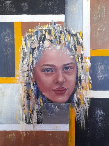Painting titled "Face" by Olha Alippa, Original Artwork, Oil Mounted on Wood Stretcher frame