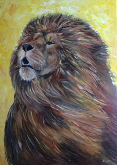 Painting titled "LION" by Olha Alippa, Original Artwork, Oil Mounted on Wood Stretcher frame