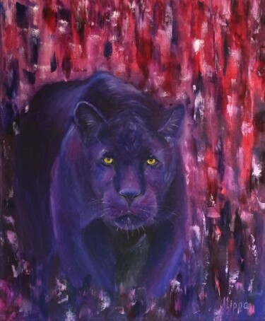 Painting titled "Panther" by Olha Alippa, Original Artwork, Oil Mounted on Wood Stretcher frame