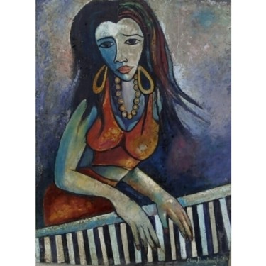Malerei mit dem Titel "Girl and Piano" von Olisa Nwadiogbu, Original-Kunstwerk, Öl