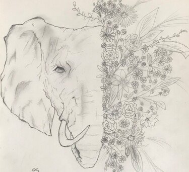 Drawing titled "Éléphant printemps" by Olivia Emélia J Sloane, Original Artwork, Pencil