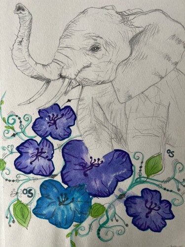 Dessin intitulée "Purple flowers" par Olivia Emélia J Sloane, Œuvre d'art originale, Crayon