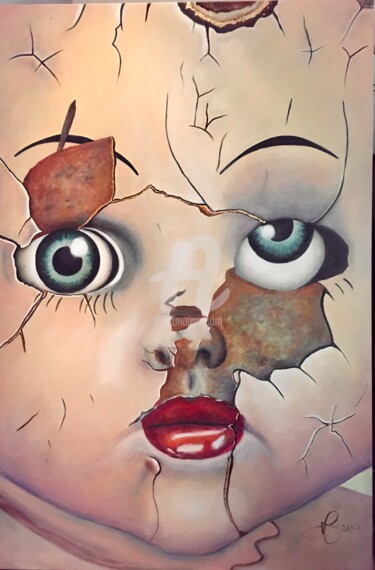 Painting titled "Doll" by Olivia Moélo, Original Artwork, Oil Mounted on Wood Stretcher frame