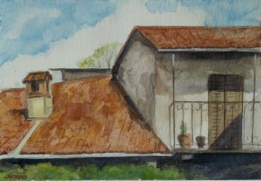 Картина под названием "balcony-watercolor-…" - Ollina, Подлинное произведение искусства, Акварель